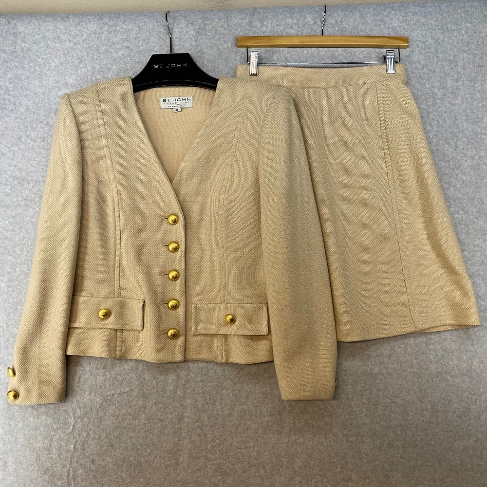 St. John Beige Knit Skirt Set with Gold Buttons